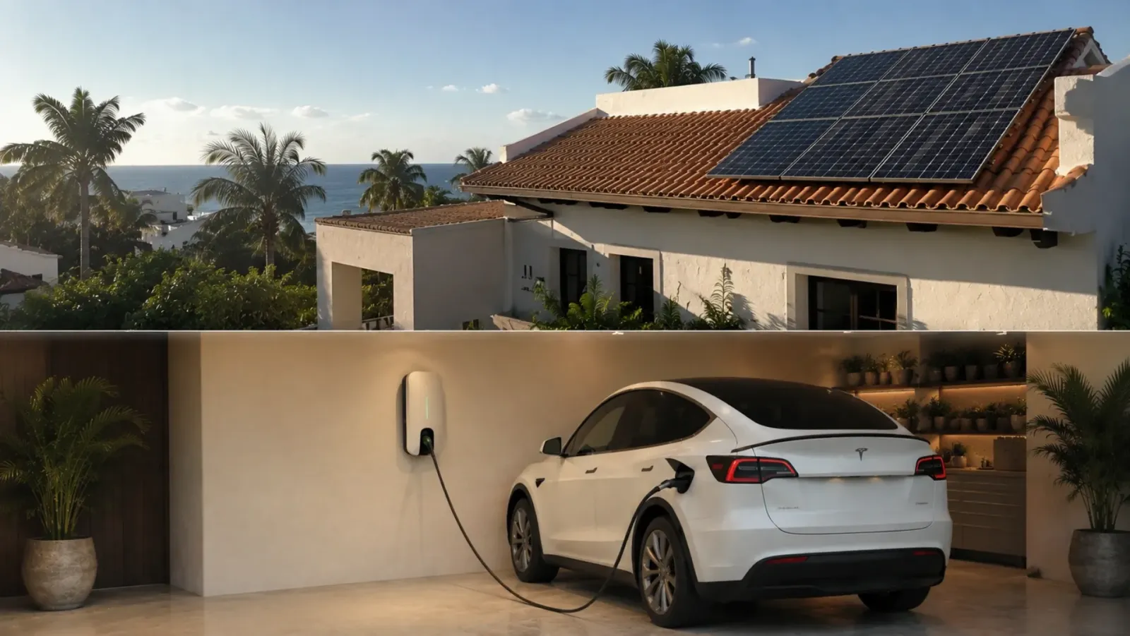 Cargador eléctrico a 220V y paneles solares instalados en casa